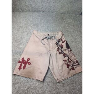 Affliction Mens Board Shorts Skeleton Roses Cross Graphic Tan Size XL